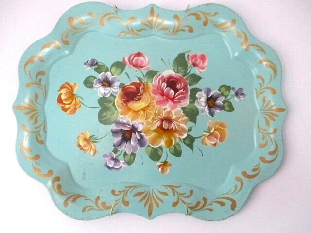Rare Large Vintage Aqua Hand Painted Yellow Pink  Floral Chippendale Tole Tray