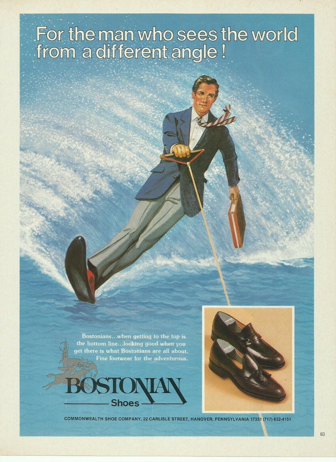 1981 Bostonian Shoes vintage print ad Businessman Waterskiing 80\'s Men\'s Fashion