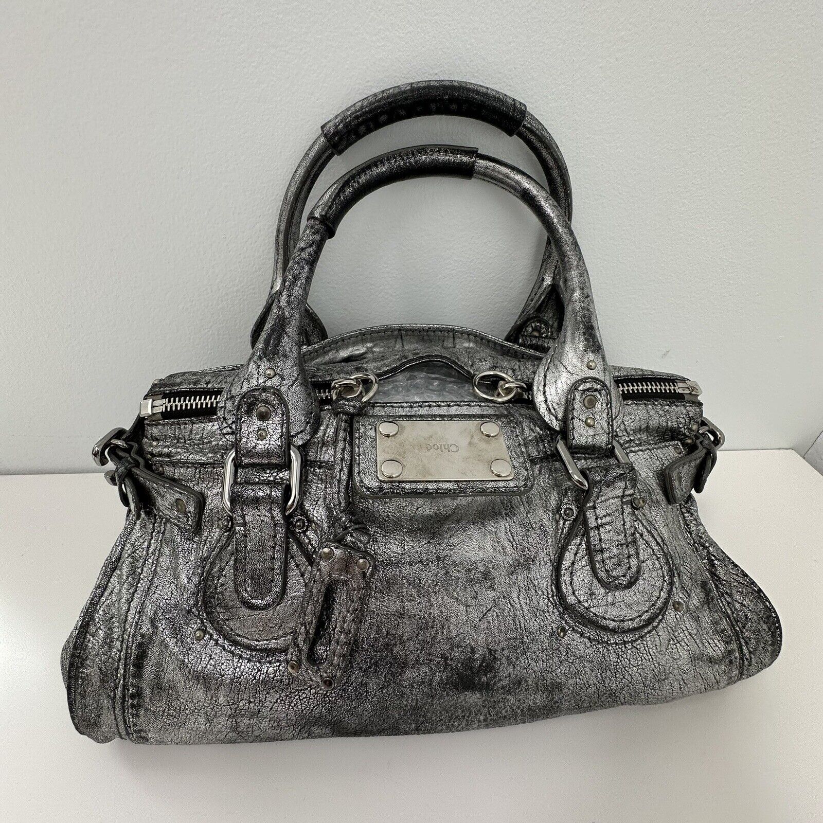 Chloe Purse Paddington Metallic Silver Leather Handbag Shoulder Bag NO LOCK