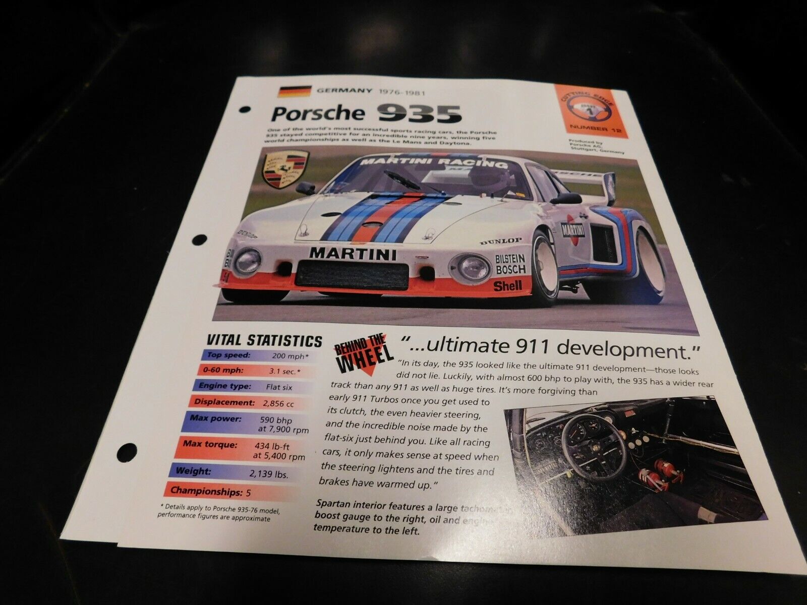 1976-1981 Porsche 935 Martini Racing Spec Sheet Brochure Photo Poster