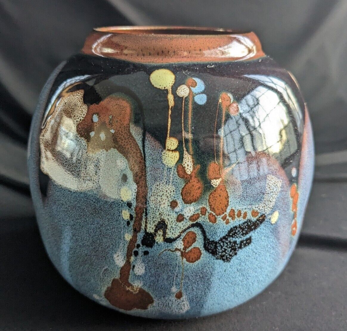 Vtg Tom Grabbert High Fire Porcelain Bowl Vase Blue Black Brown