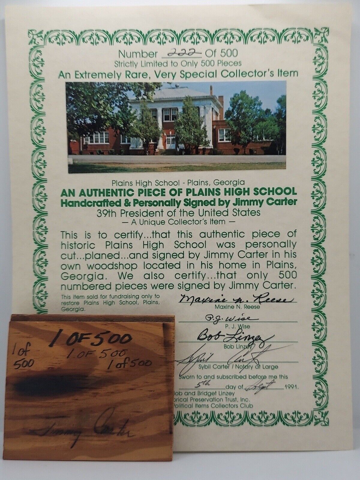Jimmy Carter Signed Authentic Piece Of Plains High School W/ COA