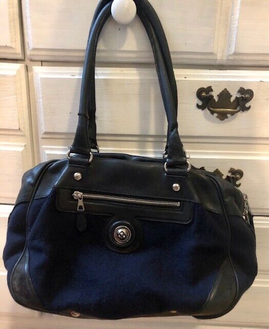 Balenciaga bag black leather and navy wool metal hardware handbag