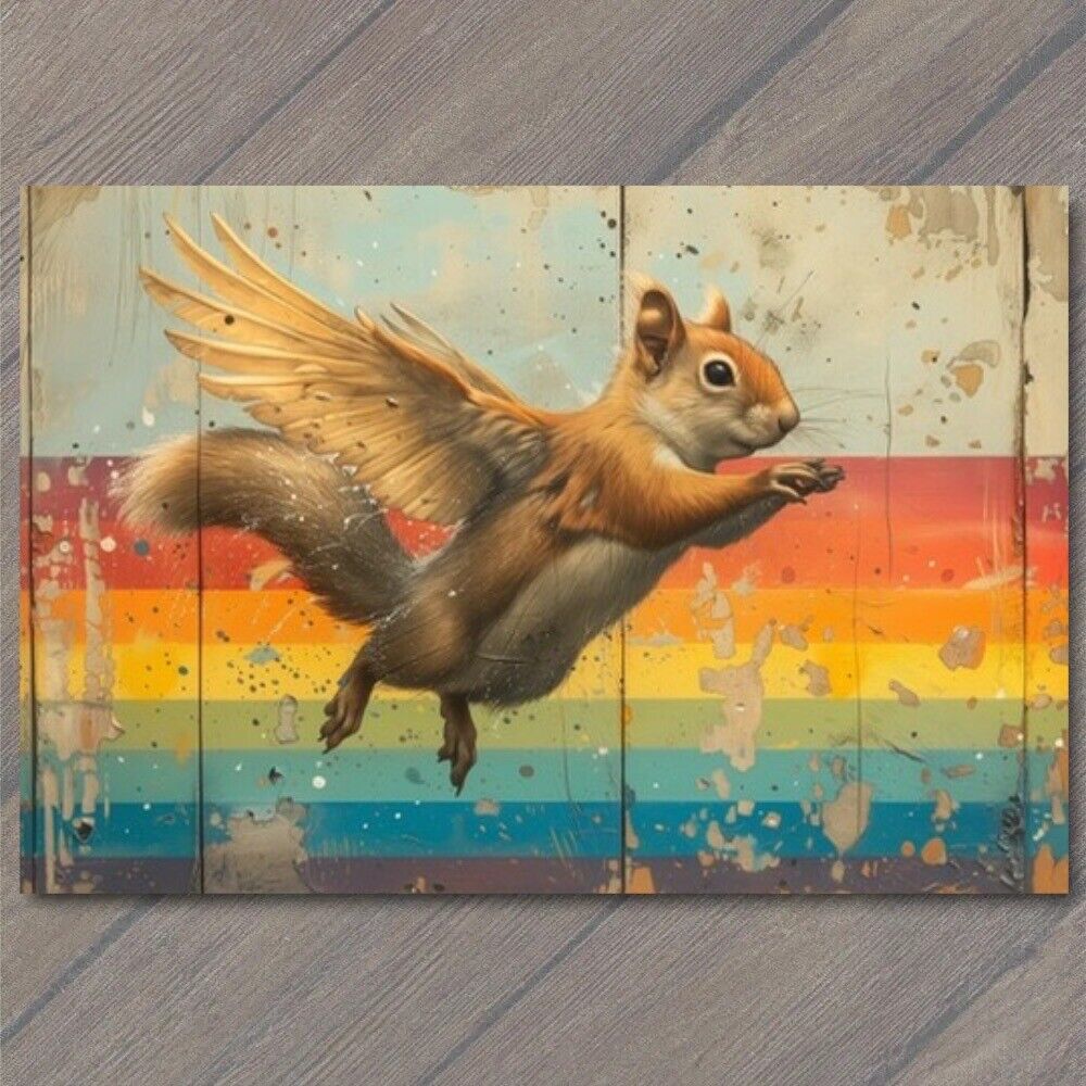 POSTCARD Squirrel Flying Rainbow Vibrant Pop Art Splendor Wings Spread Cute Fun