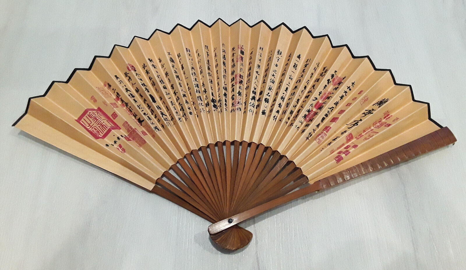 Vintage Large Chinese Hand-Painted Decorative Fan POEMS YELLOW PAPER BLACK PRINT