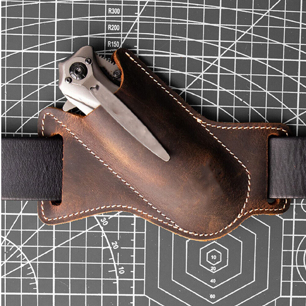 HANDMADE BELT SHEATH HOLSTER Leather Cover for folding pocket Knife Brown 1PC