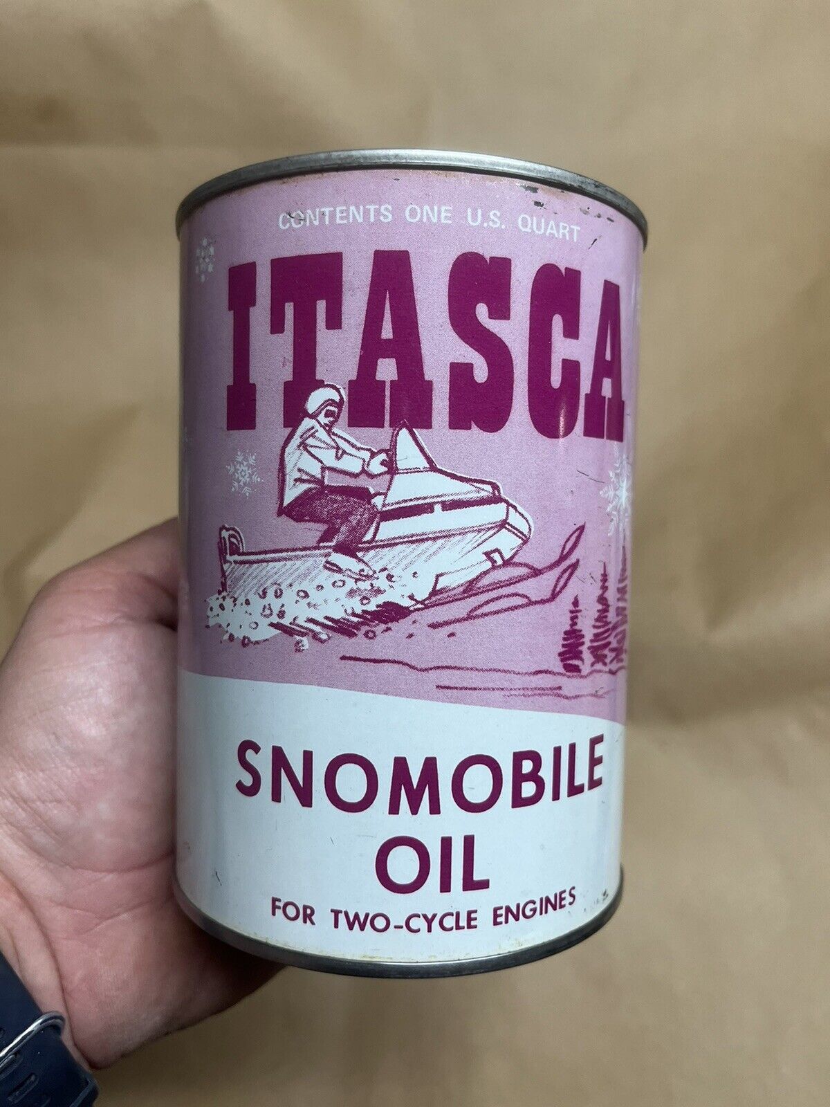 HTF Itasca SNOBIL OIL ROUND QT TIN CAN SNOWFLAKE OLD SNOWMOBILE GRAPHIC