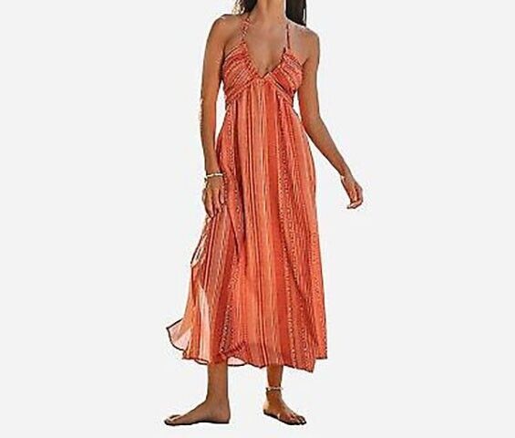 Cupshe Teen Girls Striped Ruffled Halter Maxi Dress Size XS Orange