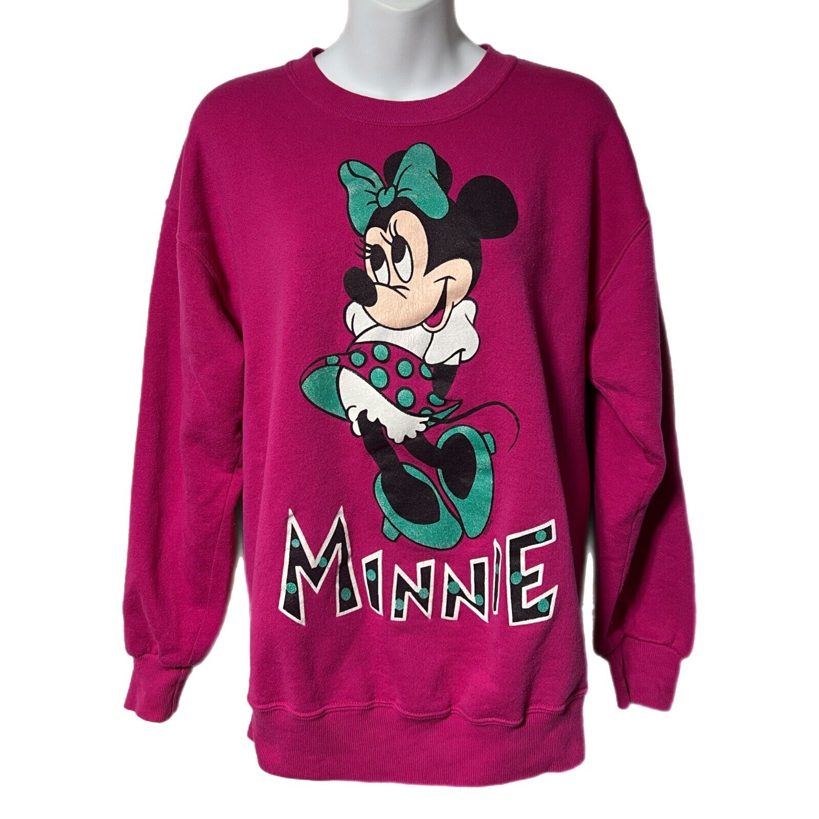 Vintage Minnie Mouse Disney Pink Crewneck Sweatshirt L Made in USA