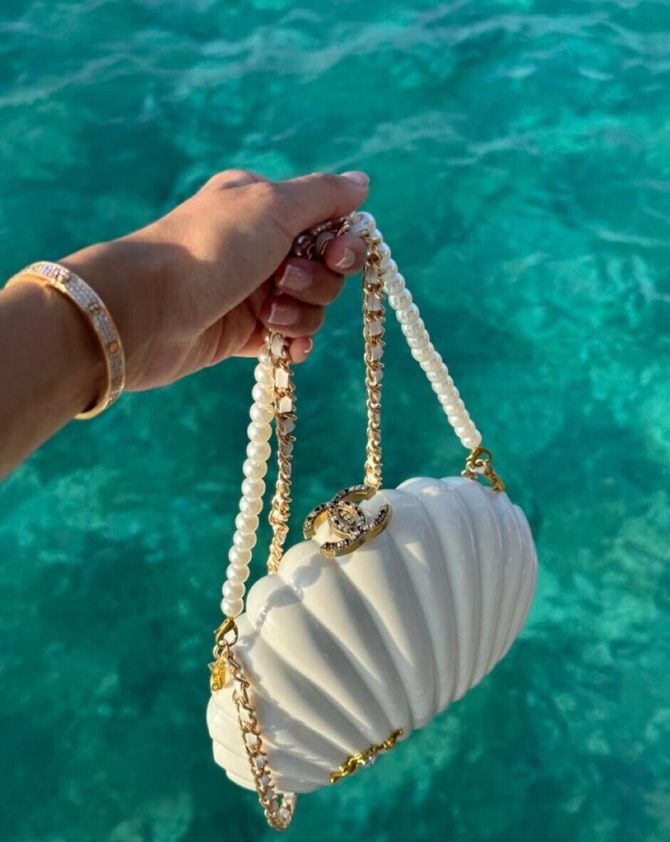 Chanel Clam Shell 2way Chain Cosmetic Hand Bag Crossbody Clutch VIP
