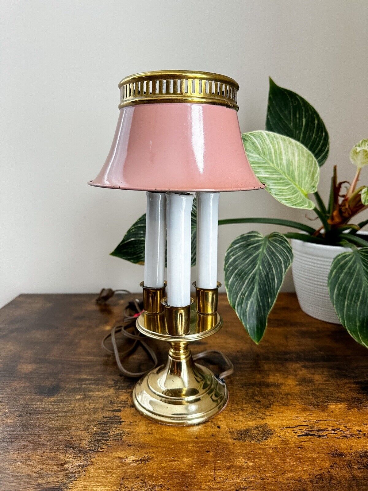 Vintage French Bouillotte Candlestick Table Lamp Pink Enamel & Brass Metal Shade