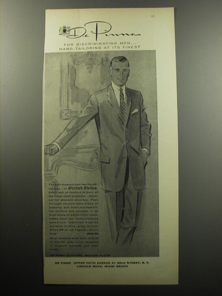 1957 De Pinna Oxxford Clothes Suit Advertisement - For discriminating men