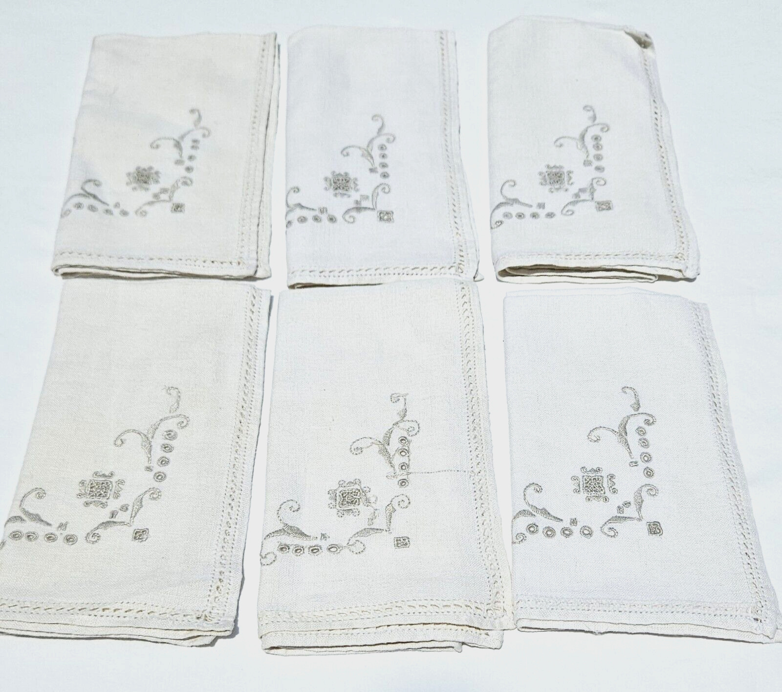 Estate Sale. Six Vintage Handmade Gray Embroidered Linen Napkins