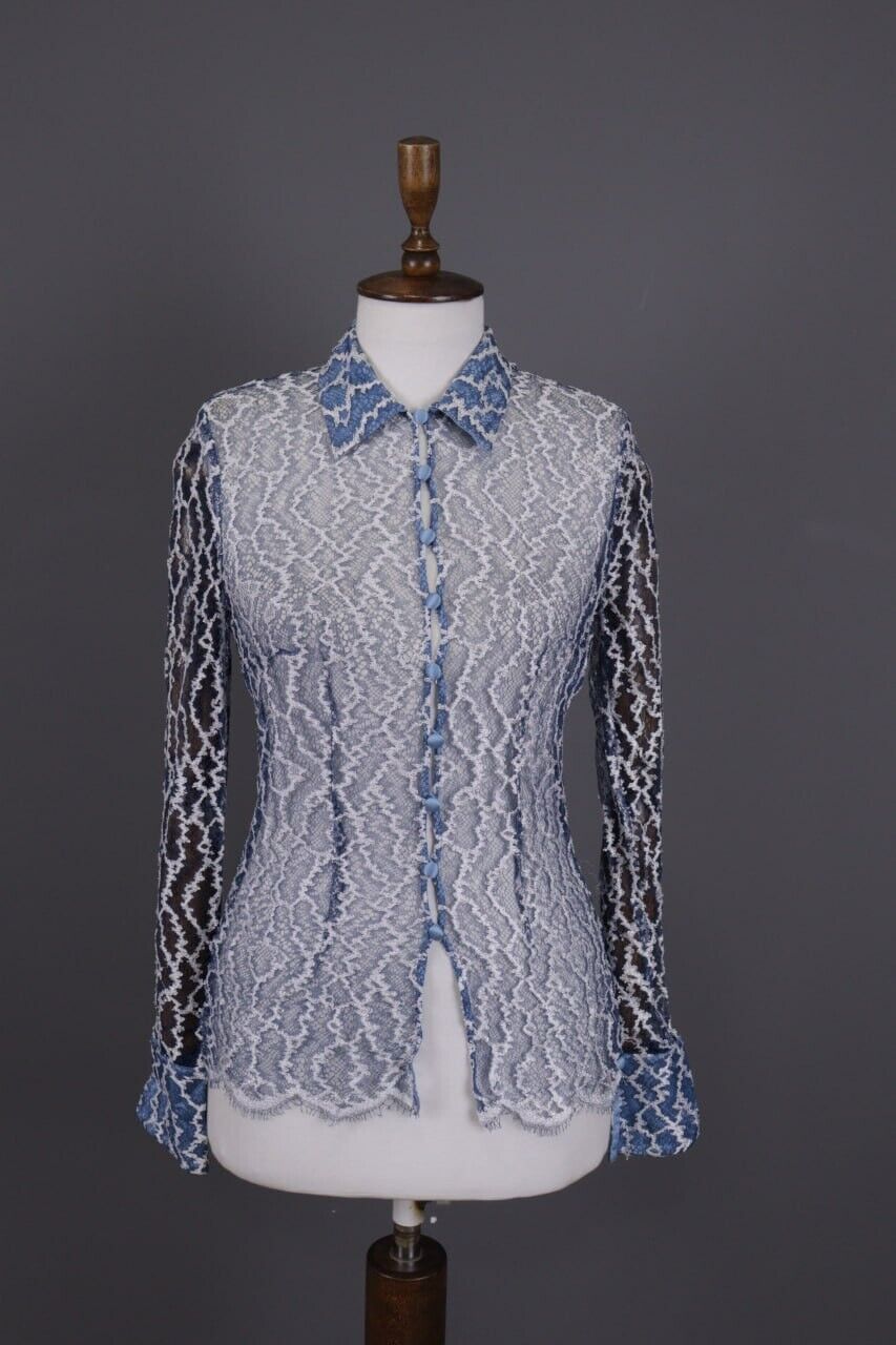 ESCADA Blue Mesh Silk Printed Button Down Blouse Shirt Size 36
