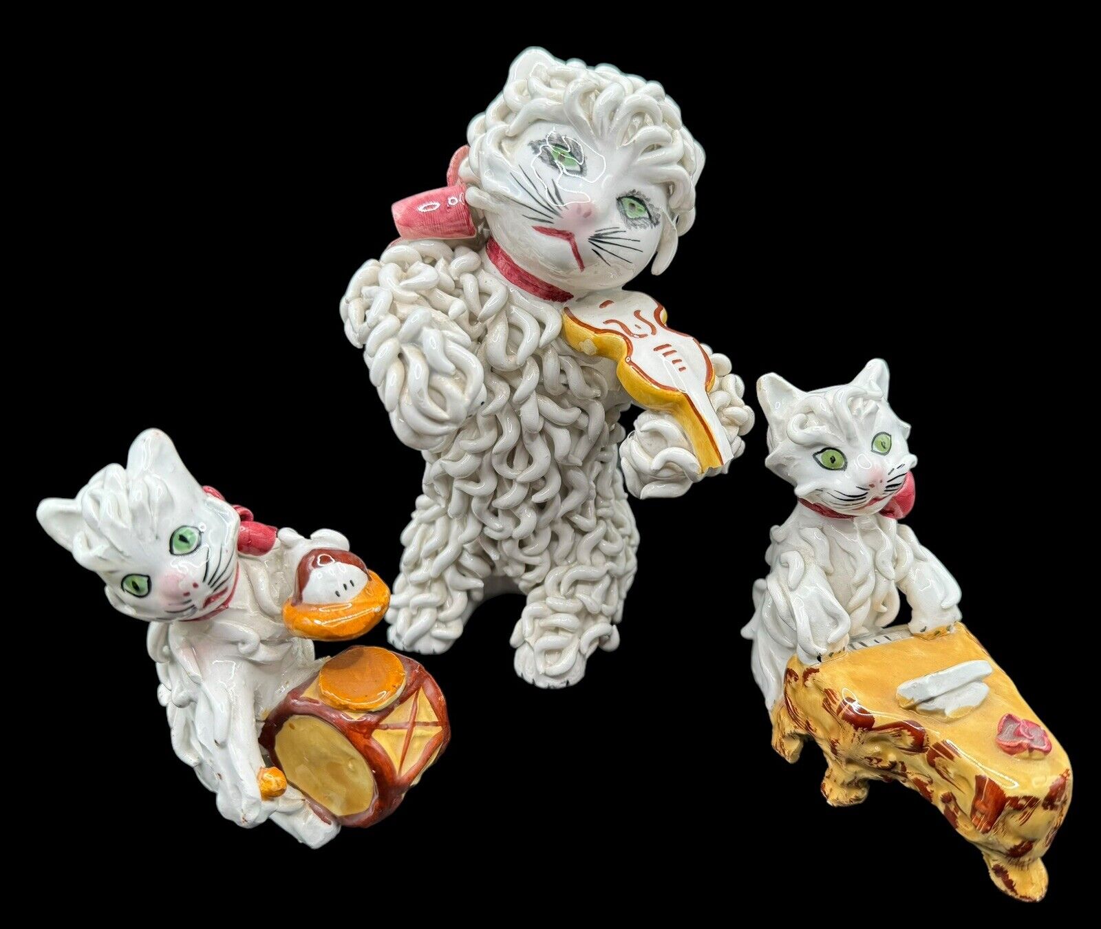 Set of 3 Vintage Italy Spaghetti Cats Instrument Band Pink Bow White 6 inch READ