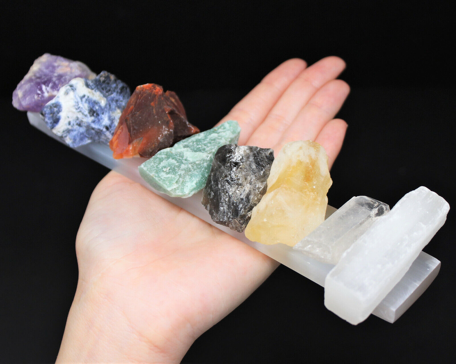 LARGE 7 Rough Crystal Chakra Set + LARGE Selenite Charging Plate + Directions