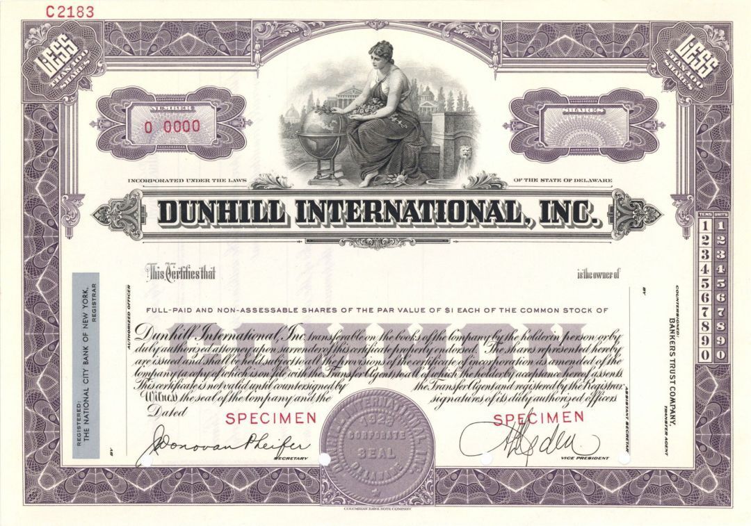 Dunhill International, Inc. - Specimen Stock Certificate - Cigarette Company Inc