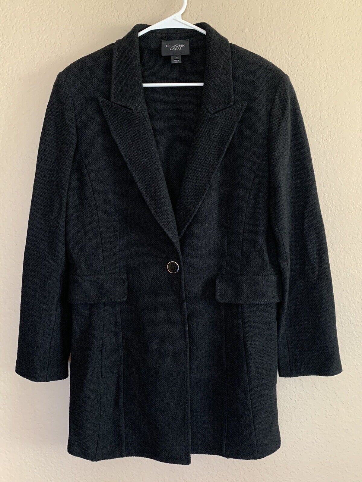 ST JOHN Caviar Blazer Coat Suit Jacket Black Wool Blend LONG Textured SZ 14