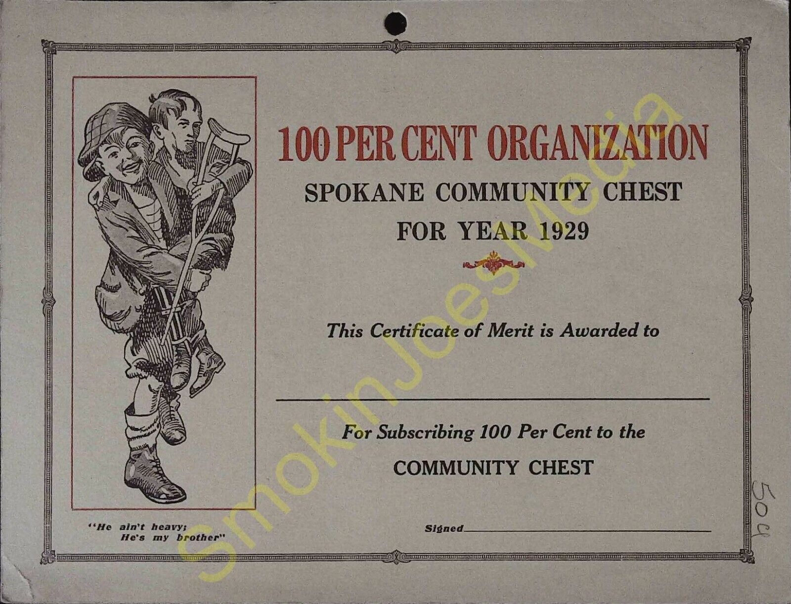 Vintage Spokane Community Chest 100 Per Cent Organization for Year 1929 