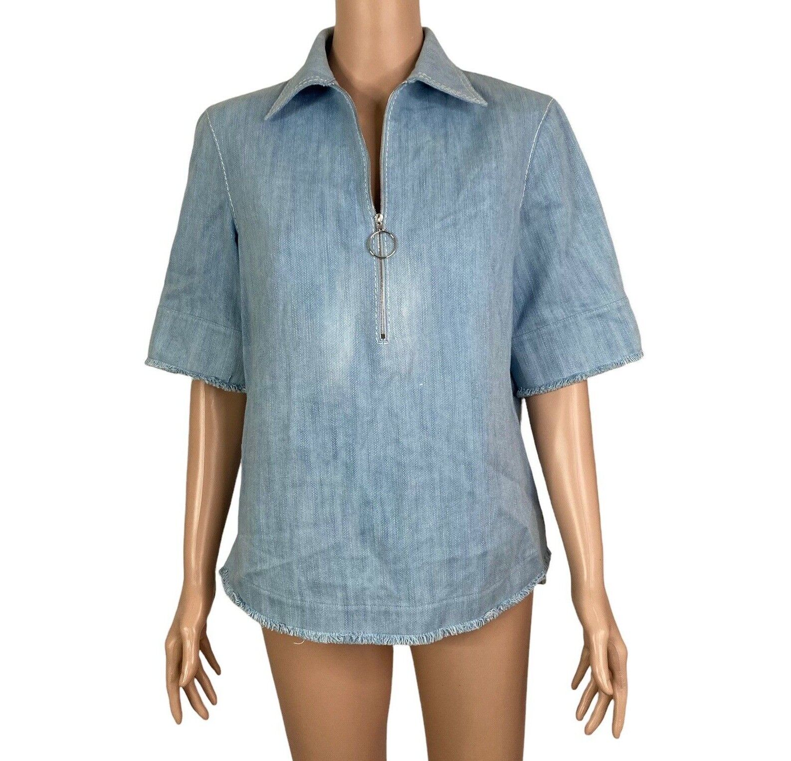 akris punto denim blouse pullover Womens Size 10 1/4 Zip Front New 