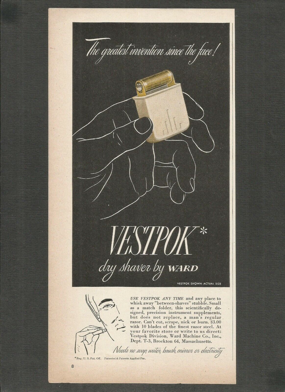 VESTPOK Dry Shaver by WARD  - 1947 Vintage Print Ad