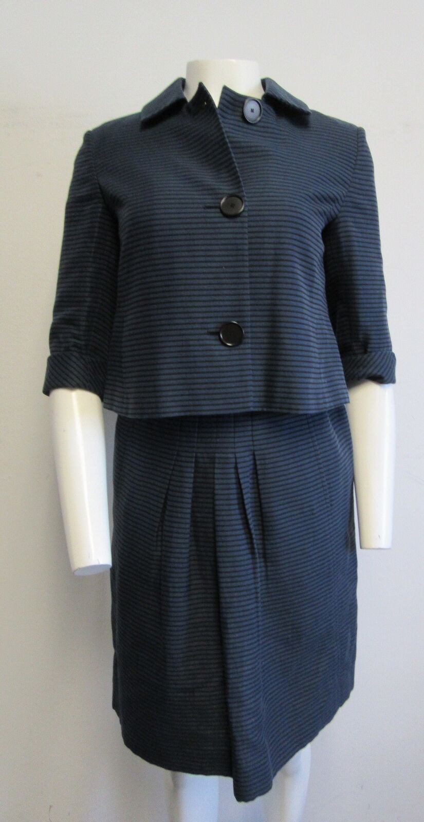 AKRIS PUNTO cotton blue & black stripe 3/4- sleeve crop- blazer dress suit sz 4