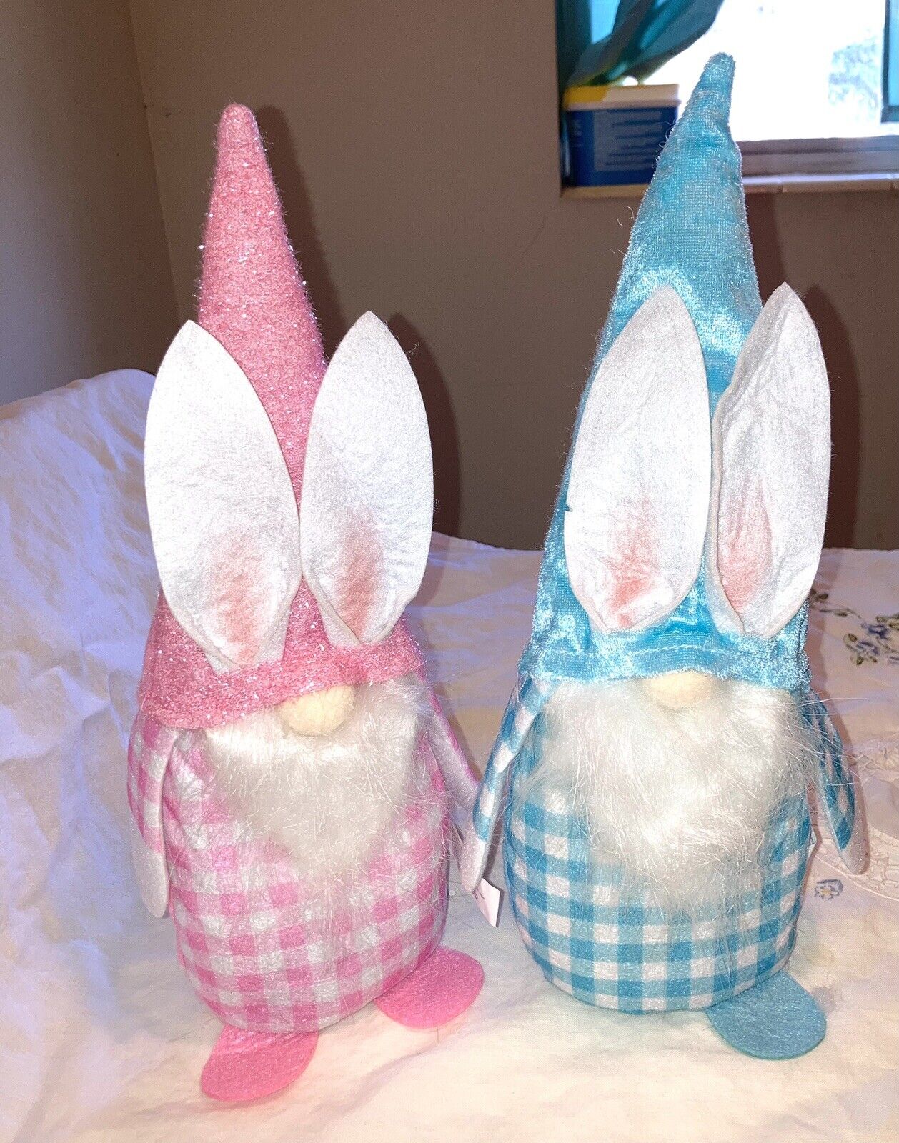2 Gnomes PINK AND BLUE Shelf Sitters EASTER BUNNY EARS