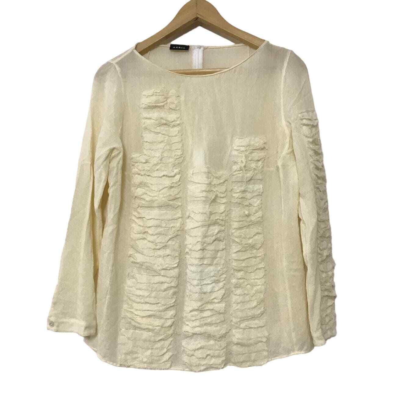 AKRIS unique light yellow tattered distress 100% wool long sleeve blouse top 14