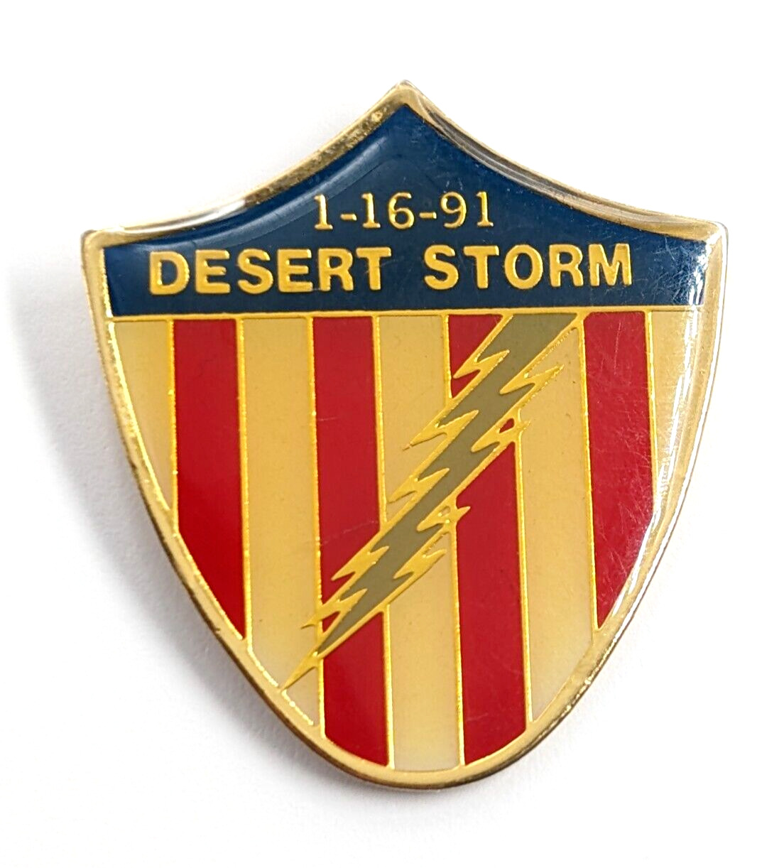 VTG 1991 Desert Storm Shield 1-16-91 American Flag Lightning Pin US Military