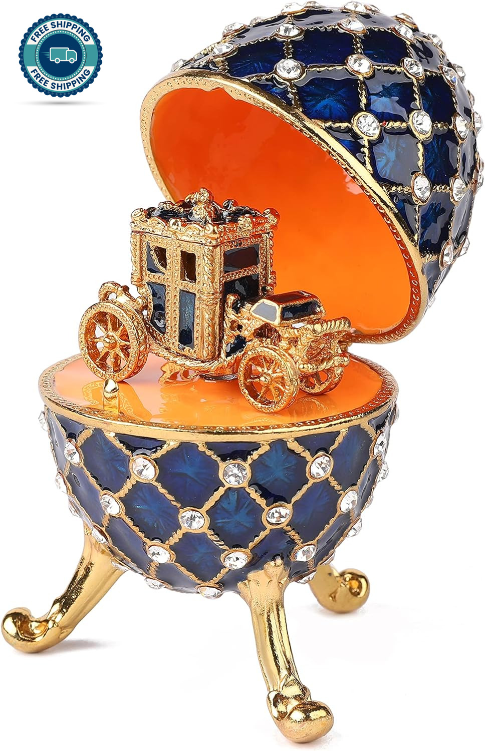 Vintage Blue Imperial Faberge Egg Style Trinket Box with Mini Royal Carriage, Un