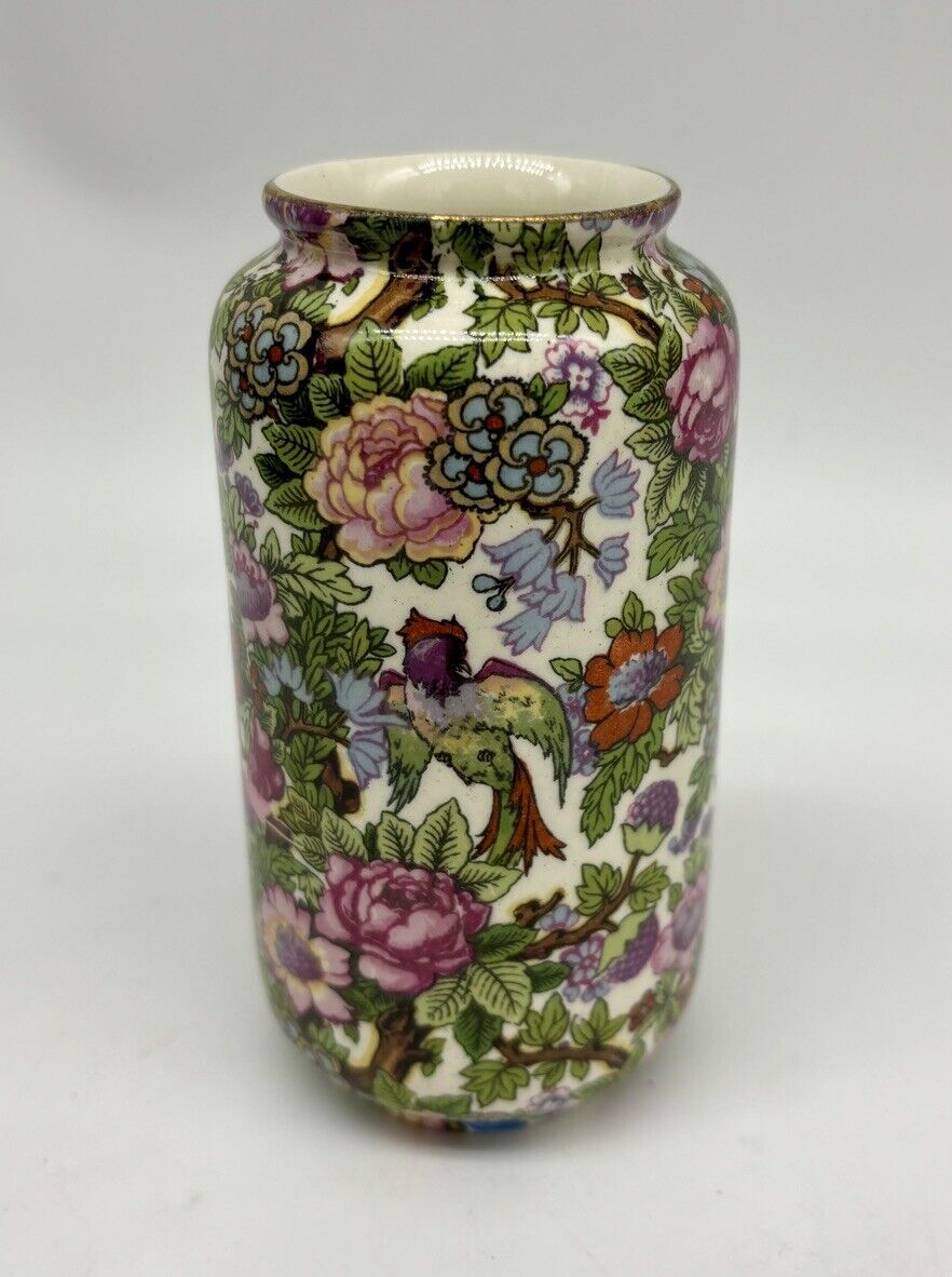 Art Deco Crown Ducal Ware Chintz Vase Parrot & Flowers 4.5”