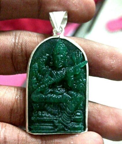 Goddess Saraswati Australian Green Jade Gemstone pendant Antique Handicrafts