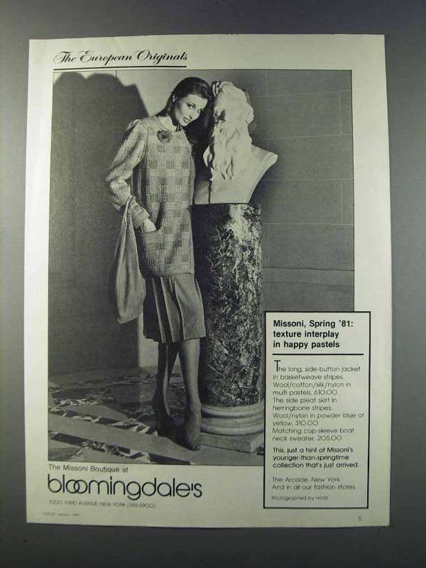 1981 Bloomingdale\'s Ad - Missoni jacket, Skirt, Sweater