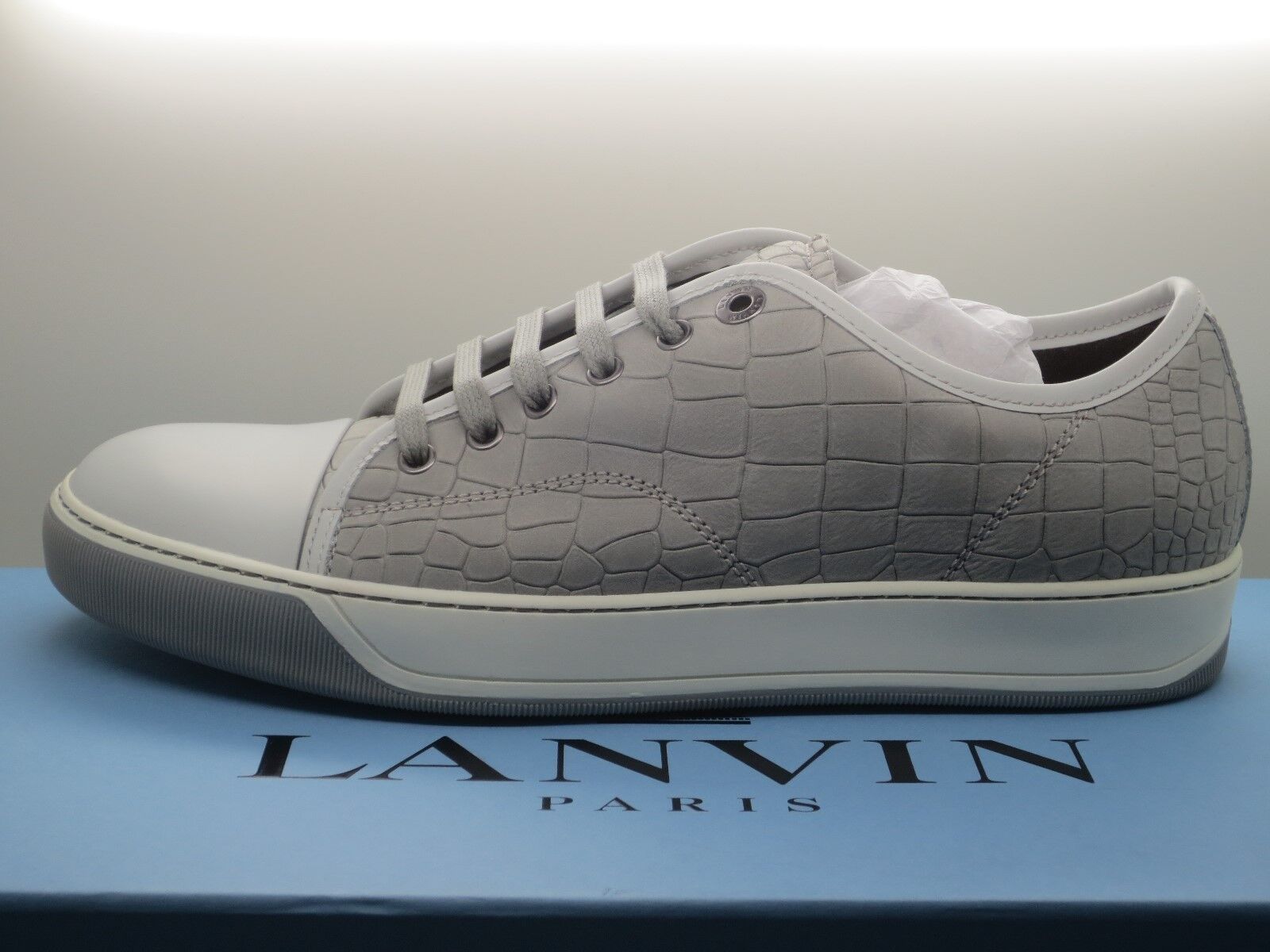 NEW Lanvin Men\'s Cap-Toe Pale Grey Leather Low-Top Sneakers Size 6 UK 7 US