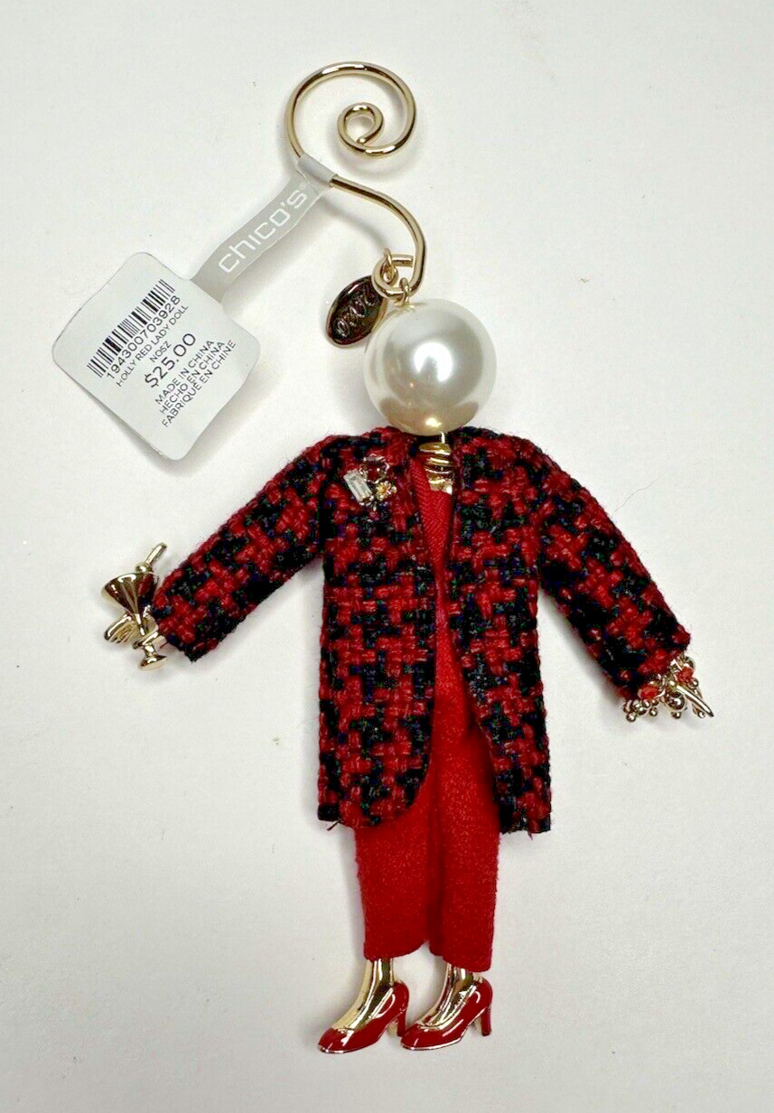 Chico\'s Christmas Ornament 2020 Lady Plaid Heels Martini Pearl Woman Tags