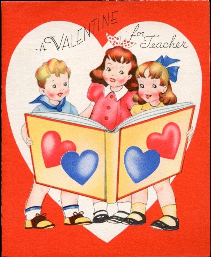 Vtg Valentine Card For Music Teacher Singing Children Heart Notes Joy 1930s