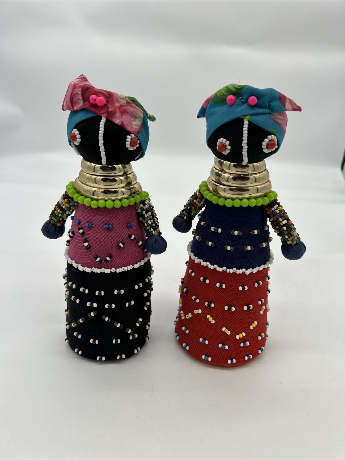 Vintage Ndebele Handmade South African Colorful Beaded Ceremonial Dolls (2) 8.5”