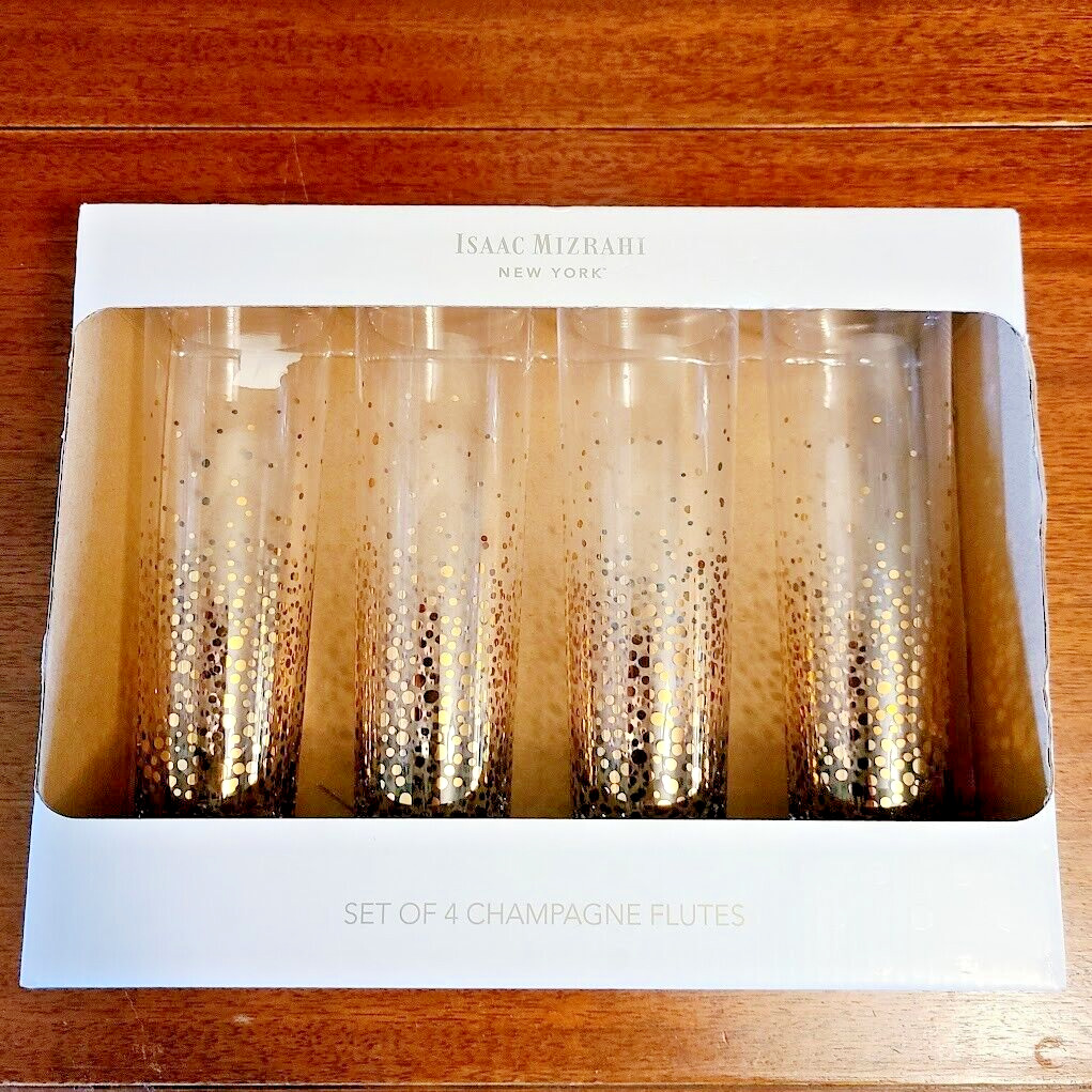 Set of 4 Isaac Mizrahi Stemless Clear Glass Champagne Flutes Gold Metallic Dots
