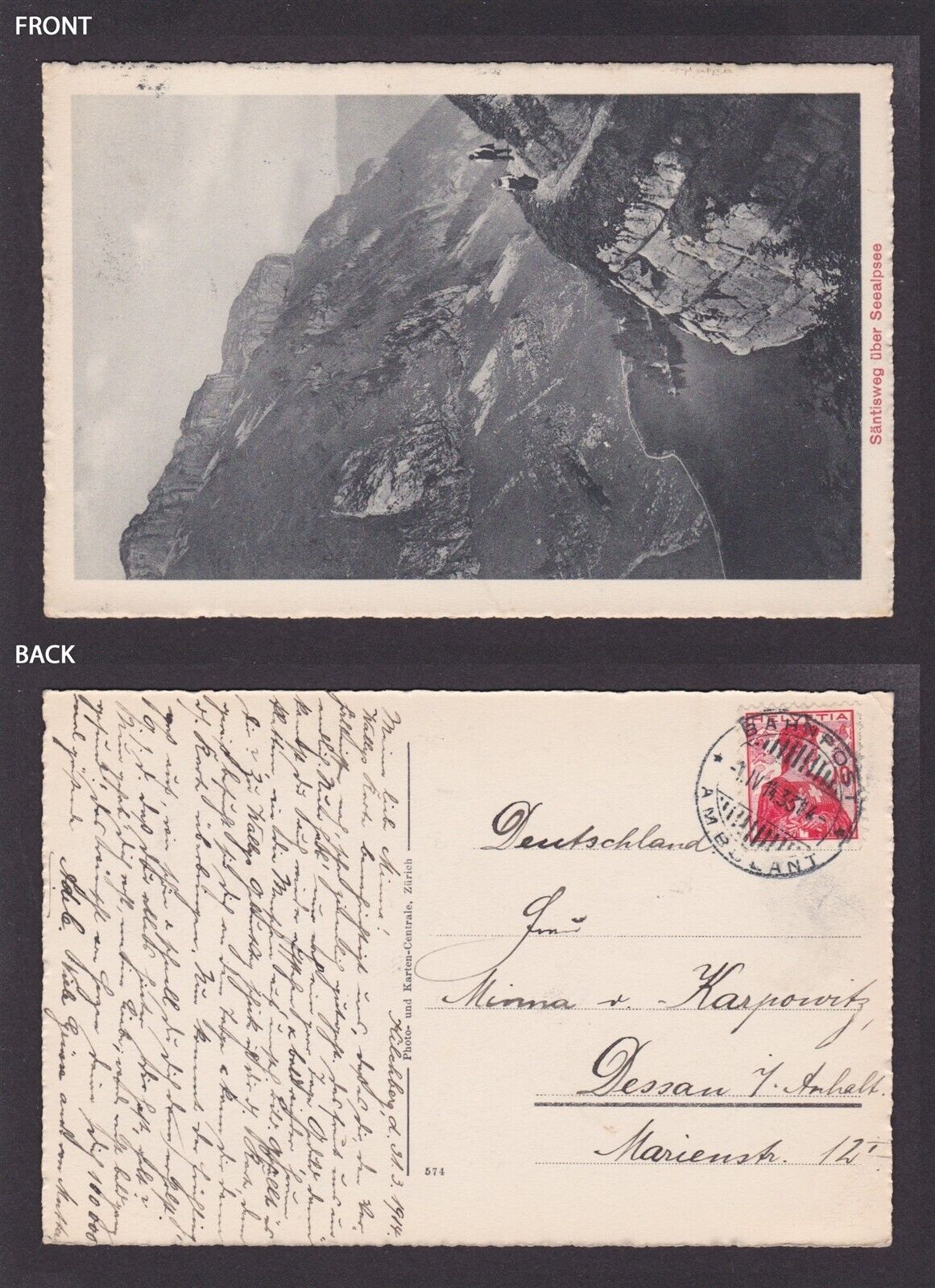 SWITZERLAND 1933, Vintage postcard, Säntisweg via Seealpsee, posted