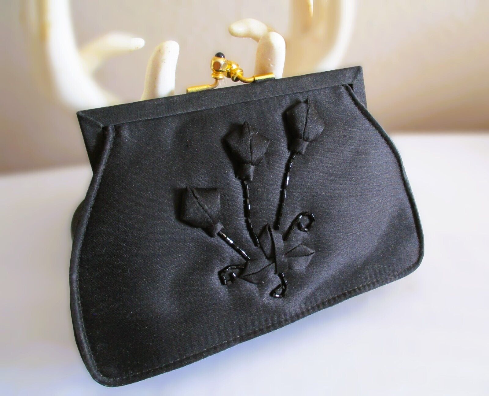  Whiting Davis Vintage Black Satin Beaded Clutch Shoulder Evening Bag BEAUTIFUL
