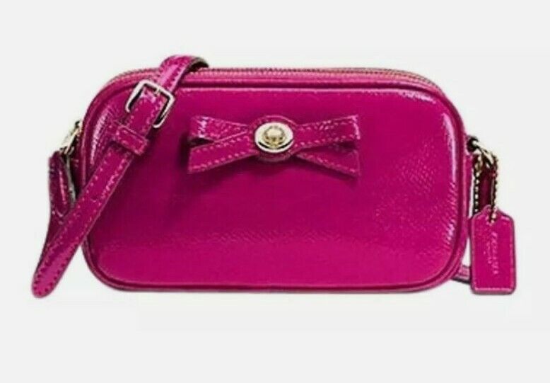Coach F64655 Pink Fuschia Leather Bow Double Zip Mini Crossbody Wallet Handbag 