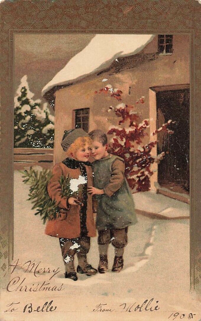 c1907 Children Standing In Snow Germany Christmas P298
