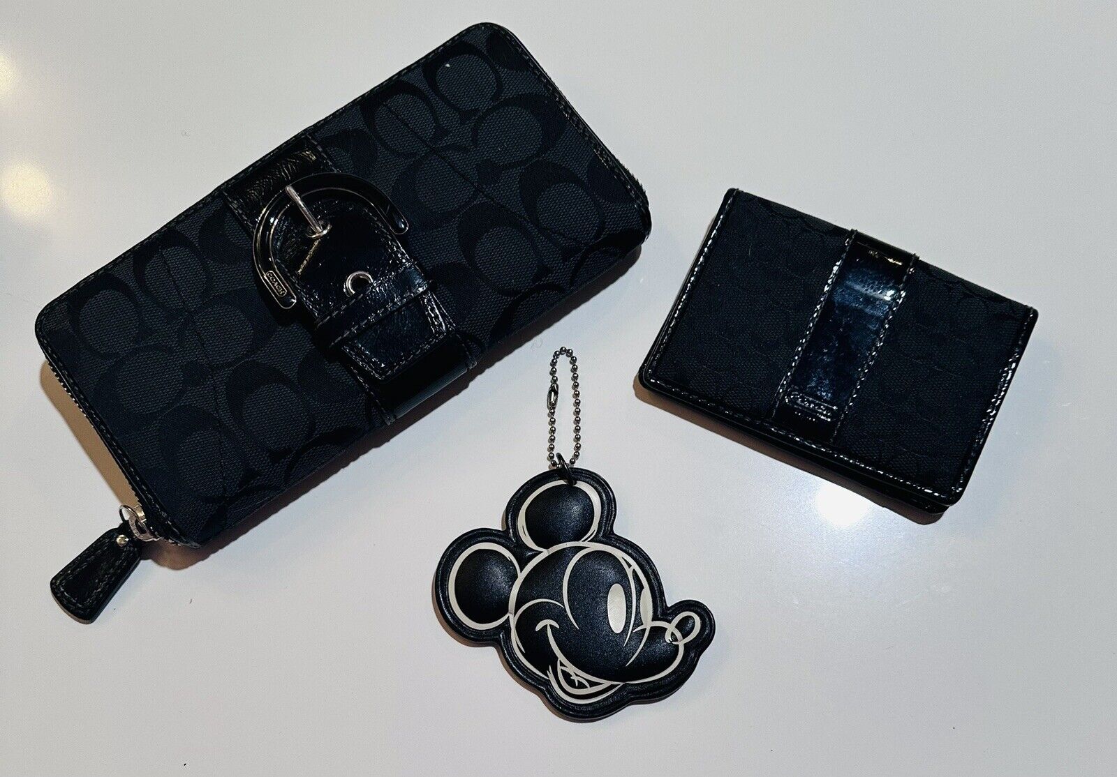 Coach Set Disney Mickey Mouse Leather Bag Charm,Black  Logo Wallet & Card Holder