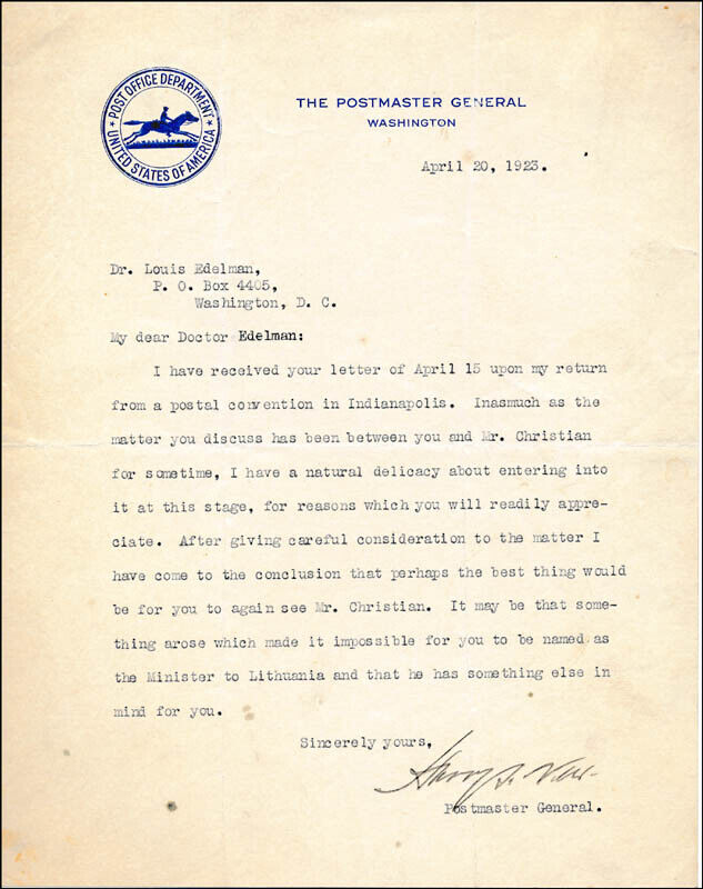 HARRY S. NEW - TYPED LETTER SIGNED 04/20/1923