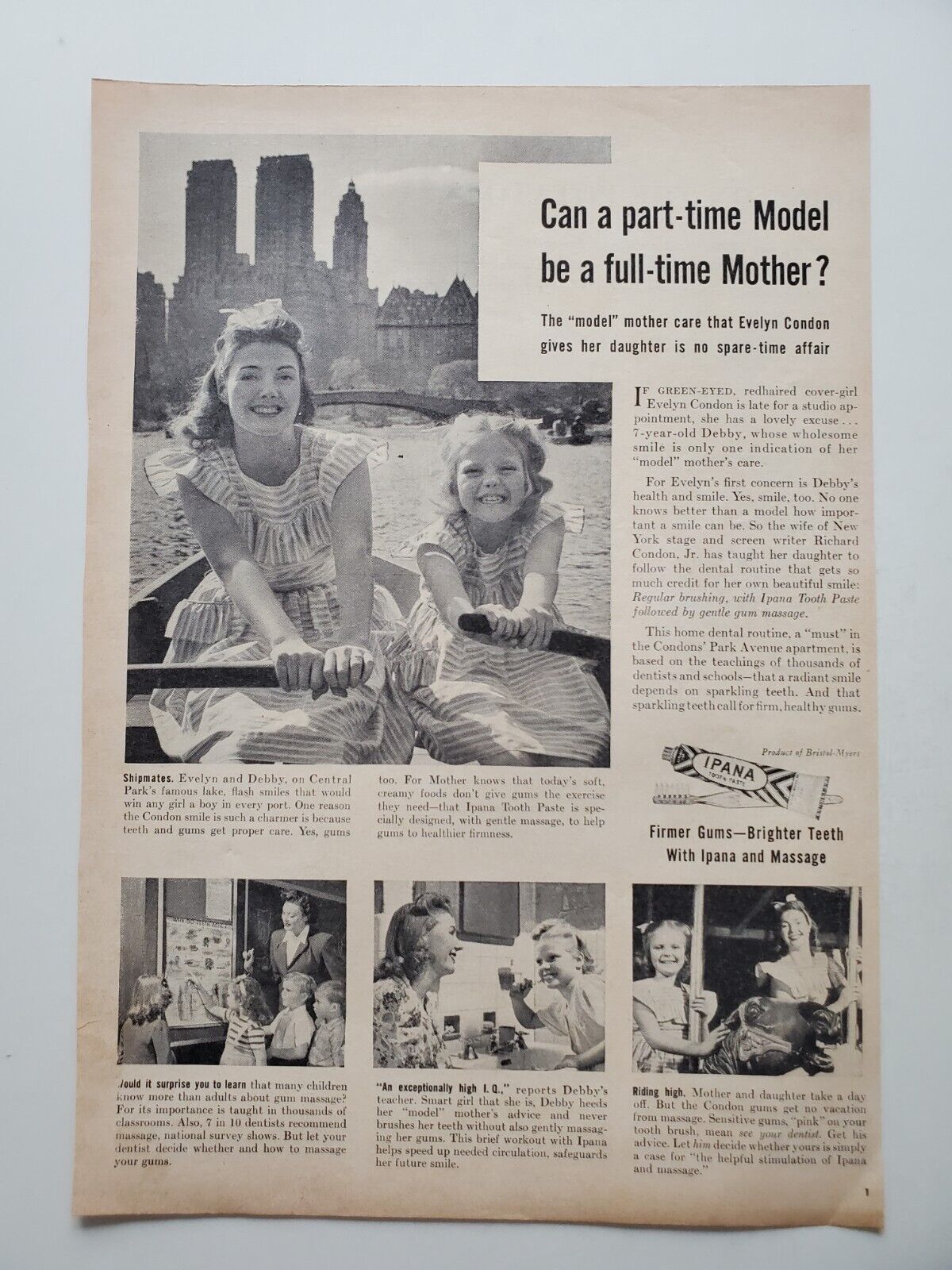 Ipana Toothpaste Model Evelyn Condon & Child Rowing, Class 1946 Vintage Print Ad