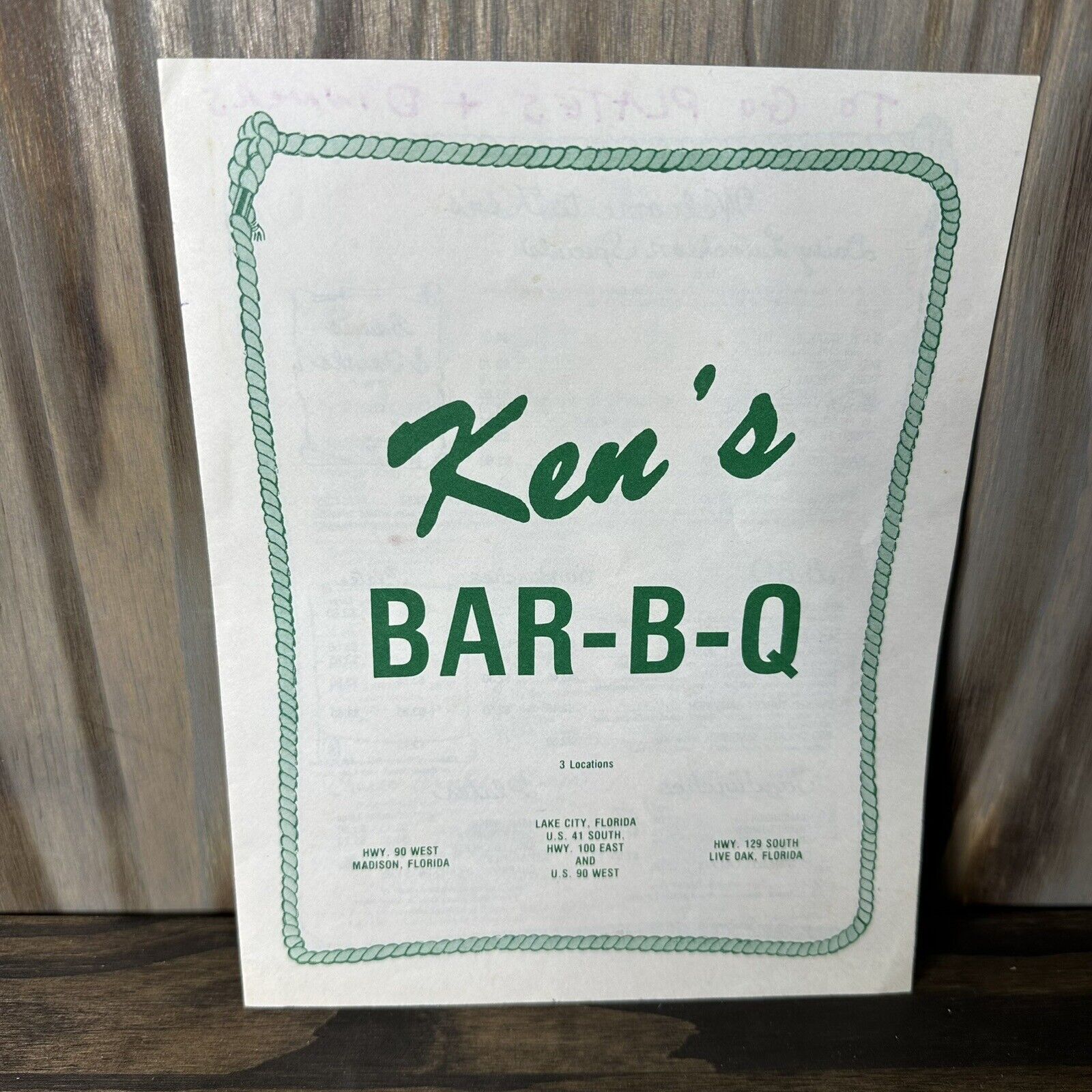 Ken\'s Bar-B-Q Restaurant Menu VINTAGE Lake City, Florida Madison Live Oak