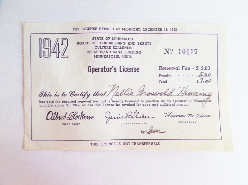 Vintage Beautician\'s Operator\'s License 1942 Hairdresser Beauty Shop Minnesota