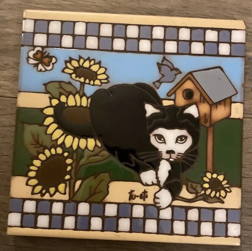 Earthtones Signed Tu-oti Ceramic Tile Trivet Kitty Cat W Bird & Sunflower Vtg 90