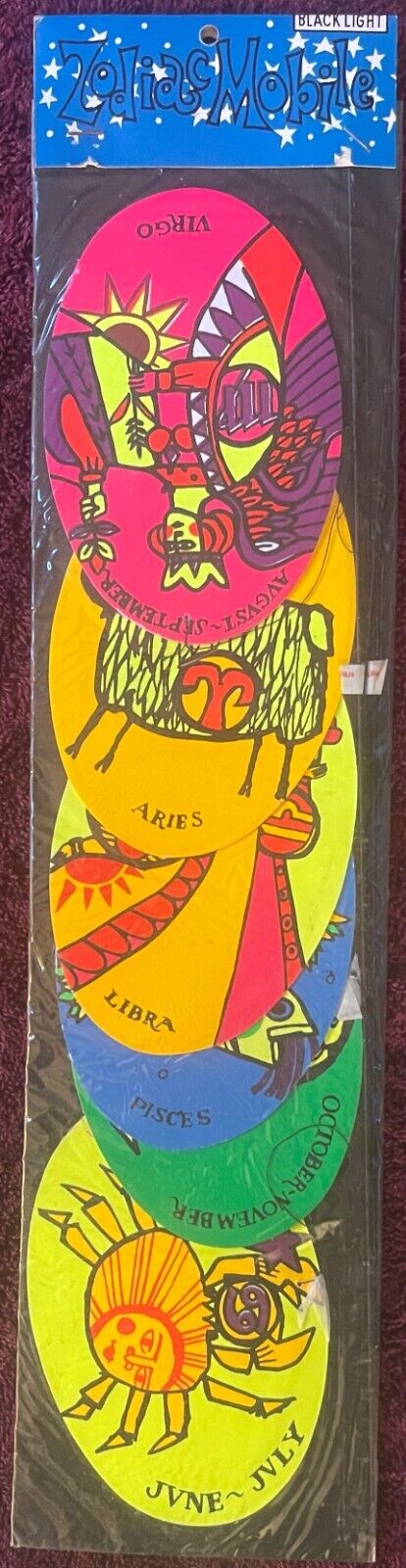 Rare 1960s Vintage Blacklight Astrology Zodiac Mobile, Beautiful Colors, and Art