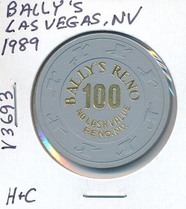 $100 CASINO CHIP - BALLY\'S LAS VEGAS 1989 H&C #3693 NCV GAMING CHEQUE VERY NICE